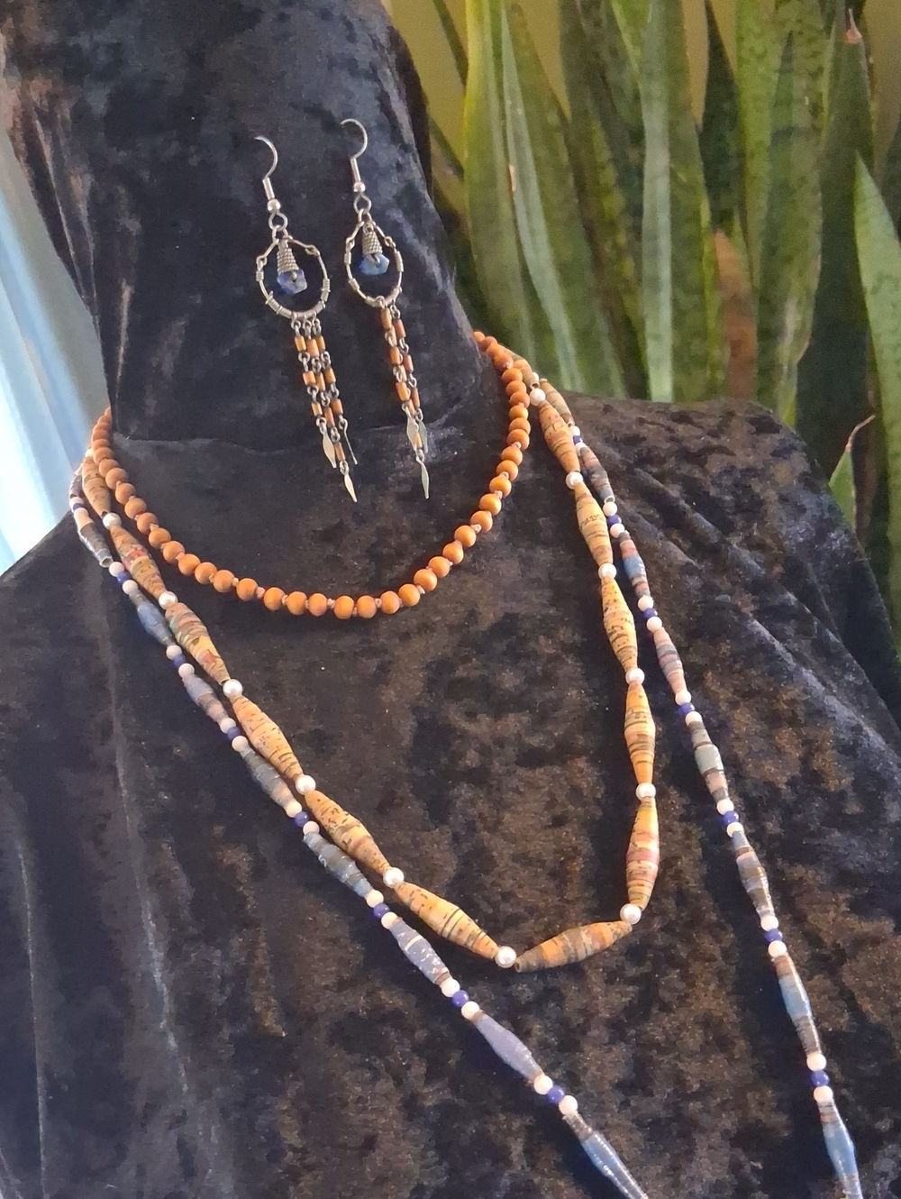 Three-Piece Orange and Blue Layered Necklace Set with Earrings